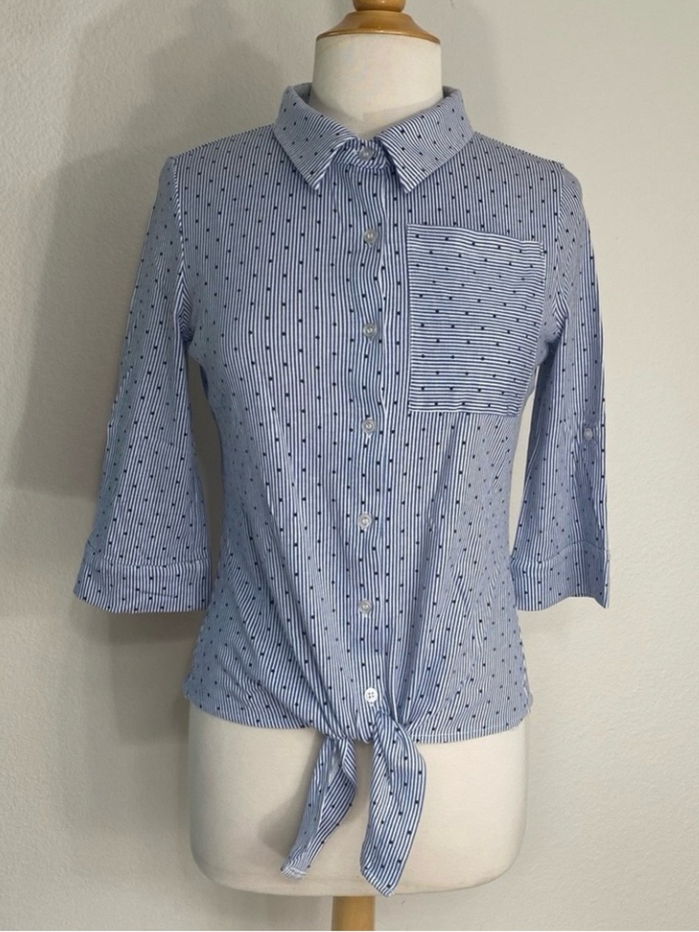 Eight 18 Womens Blue White Stripe Polka Dot Button Down Tie 3/4 Sleeve Shirt XS